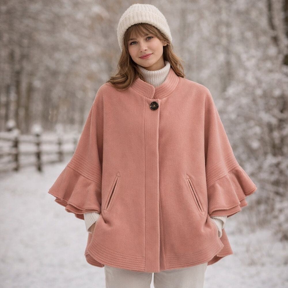 Chic wish Pink Sweater Poncho Cozy Ruffle Sleeves Women’s Small